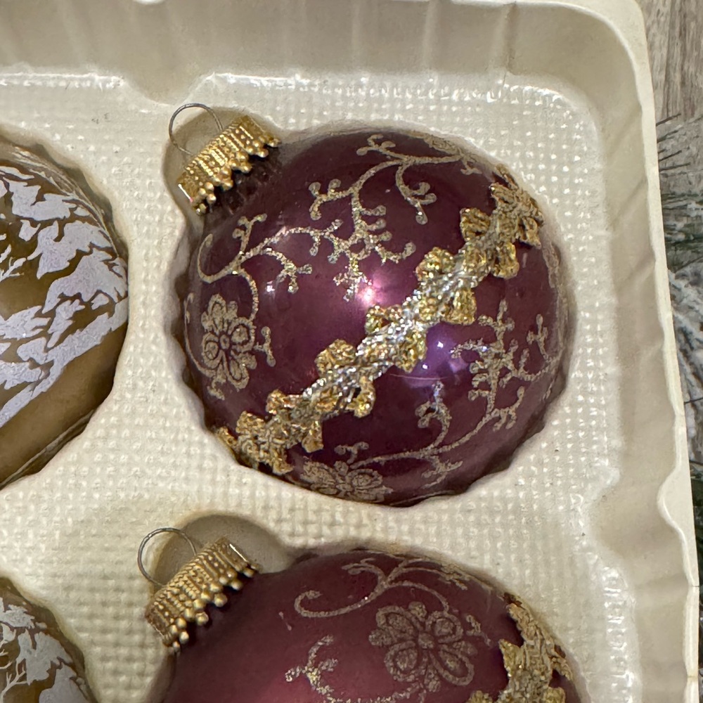 Vintage Christmas By Krebs 8 - Purple Gold Glass Ornaments W/Glitter & Ribbon - Picture 4 of 11